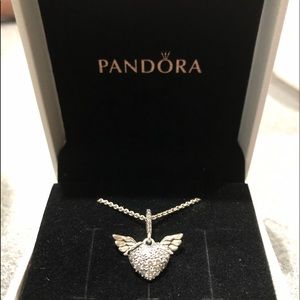 PANDORA pave heart with angel wings necklace